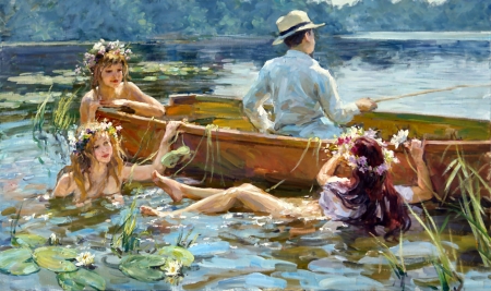 On the Fishing Boat F - artwork, beautiful, fishing, wide screen, girls, little girls, illustration, painting, fish, art, wildlife