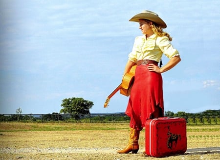 Singing Cowgirl.. - girls, women, style, fun, guitar, female, cowgirl, music, boots, hats, outdoors, western, suitcase, blondes, ranch