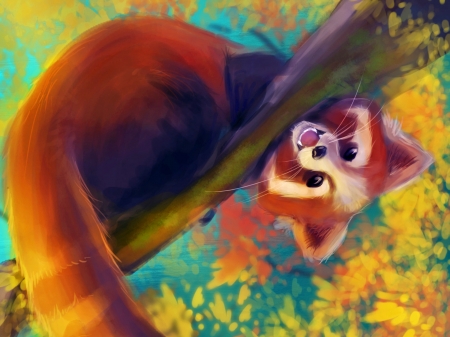 Red Panda - animal, painting, art, tree, red panda