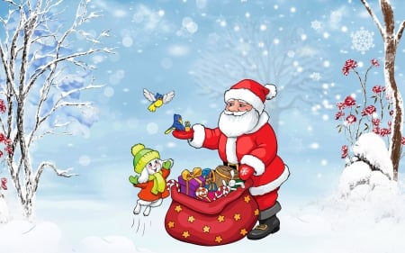 Santa's Gifts - birds, sack, gifts, snowflakes, presents, hats, snow, bag, stars, flowers, Christmas, candy canes, branches, trees, winter, Santa Claus, Santa, mittens, bunnies, candy