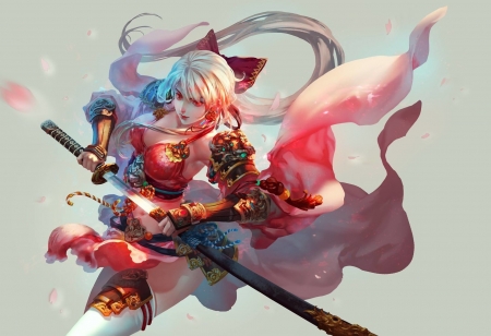 Samurai Yuki - pretty, female, pink, white hair, fantasy woman, katana, weapon, art, abstract, Japan, beautiful, sword, beauty, kimono, samurai, fantasy, lady, woman, japanese