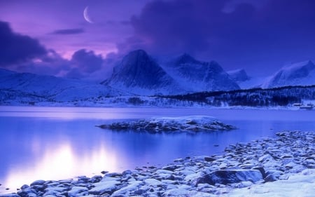 Cold Lake Mountain - moon, nature, lake, trees, mountain, clouds, snow, winter