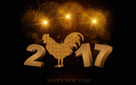 Happy New Year! - card, chinese, fireworks, zodiac, black, golden, rooster, new year