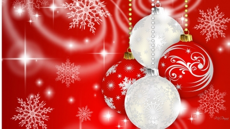 Red Christmas Wall - winter, snowflakes, snow, Feliz Navidad, red, bright, New Years, ornaments, Christmas