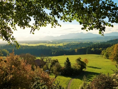 Autumn View - nature, sky, autumn, valley, trees, meadow, mountains