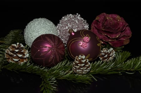 Christmas Balls - pinecone, rose, christmas, white, balls, fir, red, beautiful, decor