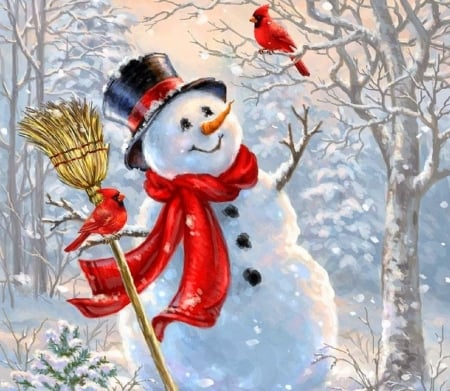 White Christmas - snowman, xmas and new year, winter, christmas, cardinals, white, holidays, love four seasons, snow, broom, paintings, birds