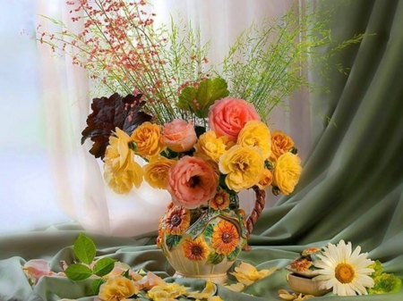 Still Life - flowers, vase, roses, petals, gerbera, peonies