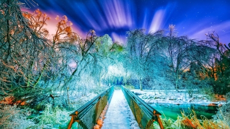 Winter - rays, ice, sky, trees, water, winter, wallpaper, snow, river, 3d, bridge