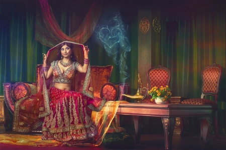 Sheherazade - woman, girl, fantasy, exotic, art, pretty, red, beautiful, digital