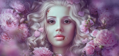 Beauty and Roses - pretty, roses, beautiful, serene, girl, lovely, pink, fantasy, digital, woman, face, art