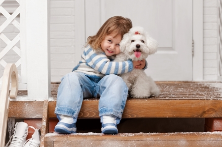 Little girl and puppy - girl, puppy, child, copil, white, caine, blue, dog, smile, cute