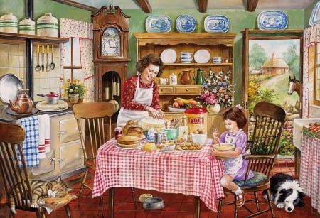 The kitchen - debbie cook, girl, table, dog, pink, copil, child, cat, pictura, painting, woman, caine, mother, kitchen, art, luminos