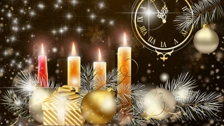 Light Up the Holidays - tinsel, stars, candles, time, shine, christmas, holidays, decorations, new years, clock, gold balls, firefox persona theme