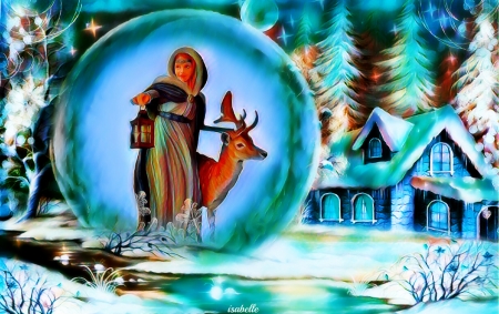 Vision of the Winter â™¥ - season, vision, girl, winter, night, deer, fantasy, lantern, snow, river, frozen, cabin, pine trees