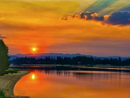 Lake Cascade - nature, lake, trees, forest, reflection, clouds, mountains, sunset