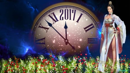 Happy new Year - New year, clock, art, woman