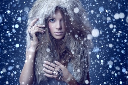 Beauty - hood, winter, model, girl, blue, oleg sharonov, white, fur, woman, snow