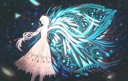 Angel - girl, bou nin, angel, wings, white, luminos, blue, anime, manga