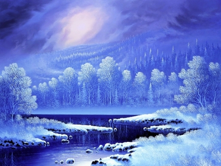 Frozen moon - moon, blue, forest, tree, river, pictura, fantasy, frozen, white, painting, art, luminos, luna