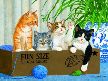 Kittens - ball, persis clayton weir, cat, blue, art, pisica, box, pictura, kitten, painting, green