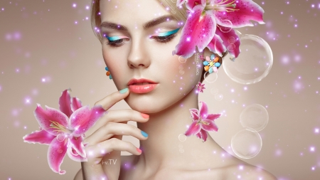 Beauty - tony kokhan, girl, flower, creative, pink, fantasy, lilly, hand, woman, model, face