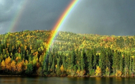 Rainbow above the Forest - hills, rainbow, autumn, lake, forest