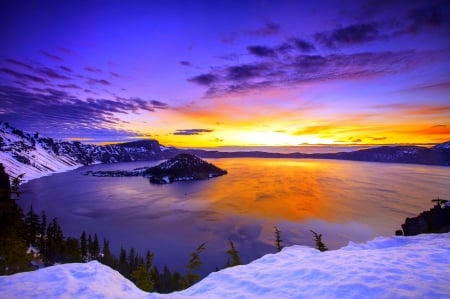 Winter Sunset - clouds, winter, sunset, nature, snow, lake, reflection, mountain