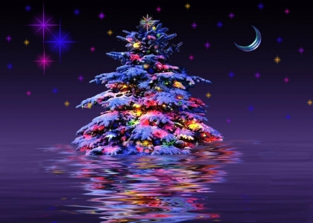 Midnight of Christmas Tree - xmas and new year, attractions in dreams, stars, winter, moons, reflections, christmas tree, holidays, love four seasons, snow, ornaments