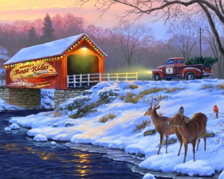 Holiday Traditions - pickup, bridges, winter, attractions in dreams, paintings, creek, snow, holidays, xmas and new year, deer, Christamas