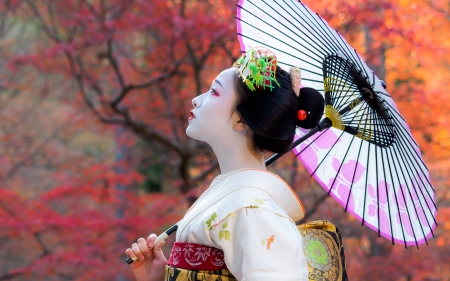 Japanese geisha with umbrella (2048x1280) - woman, girl, japanese, maiko, geisha, japan, geiko, umbrella, mamefuji, kyoto