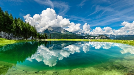 Lake in Reflection - nature, lake, trees, mountain, reflection, clouds, water