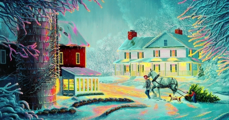 Coming home - ice, peaceful, winter, countryside, christmas, painting, village, art, home, cold, frost, snow, house