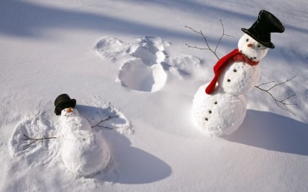 Snowmans - hat, white, snowman, winter, scarf, funny, angel