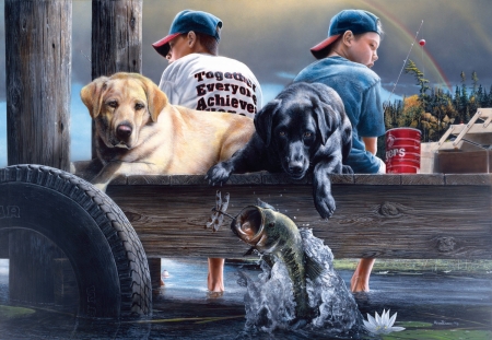 Fishing - fishing, kevin daniel, painting, caine, art, luminos, boy, dog, blue, pictura, fish