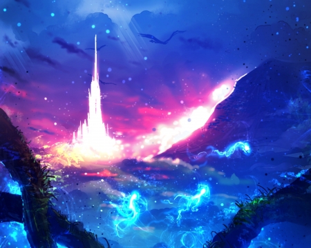 Fantasy land - anime, blue, pink, manga, fantasy, ryky, dragon, castle, luminos