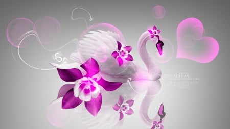 Fantasy swan - flower, pink, bird, tony kokhan, white, creative, swan, fantasy, pasare, luminos