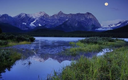 moon over nature - moon, fun, nature, lake, cool, mountain