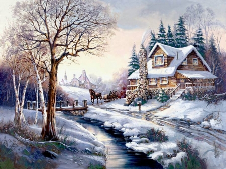 Country home - trees, snow, winter, house, country