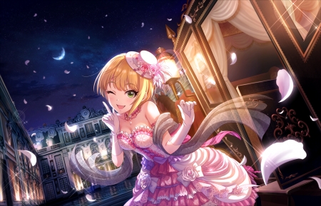 Night ... - pretty, star, anime, kawaii, female, dress, blonde, wink, blond hair, night, pink, long hair, happy, crescent, blond, nice, smiling, sky, scenemoon, moon, anime girl, hot, girl, blonde hair, lovely, sweet, petals, smile, cute, adorable, sexy