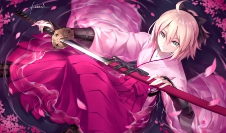 Sakura ... - nice, beauty, saber, sakura saber, anime girl, blade, petal, pretty, katana, anime, sword, kimono, lovely, fate stay night, hd, beautiful, pink, yukata, sweet