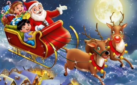 Santa - santa, holiuday, flight, deer, christmas