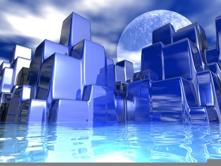 I'ts A Square World - moon, square, water, blue, 3d