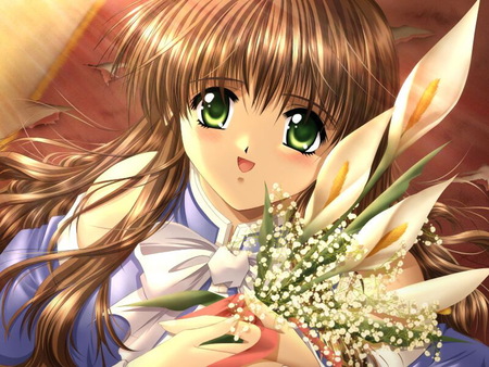 Girl With Bunch Of Flowers - anime, flowers, cute, girl