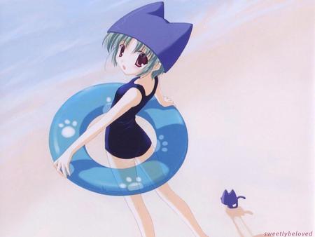 I'm Going To Swim - beach, hat, water, anime, ring, kitten