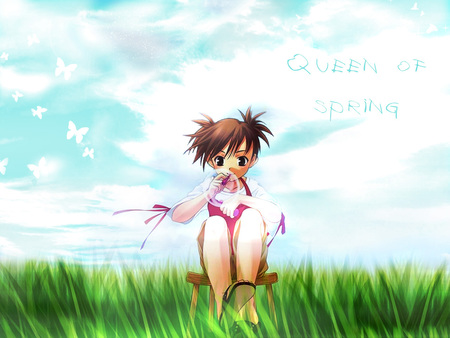 Queen of Spring - clouds, anime, bubbles, girl, spring, grass, sky