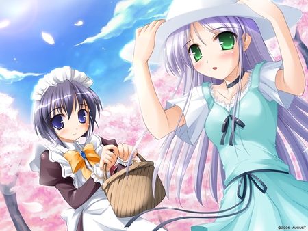 Maid With Mistress - clouds, trees, anime, blossom, girl, maid, sky