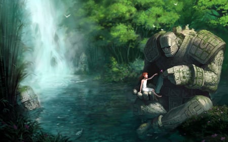 Waterfall - water, waterfall, girl, tree, robot