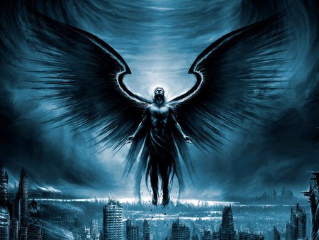 apocalypse - city, wings, angel, blue