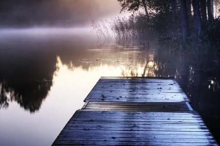 In Mist She Was Standing - sunrise, pier, mist